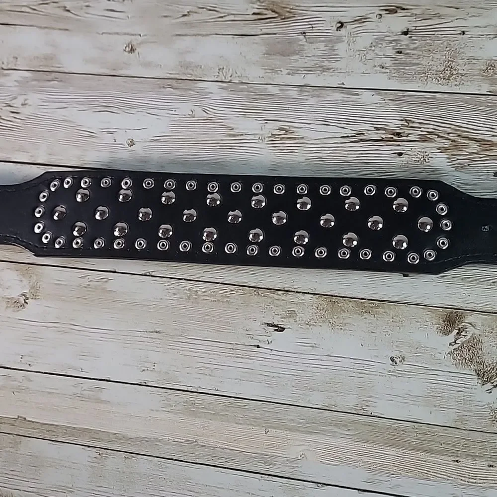Studded Spiked Dog PU Smooth Black Leather Collar‎ Punk Tough Dog Medium